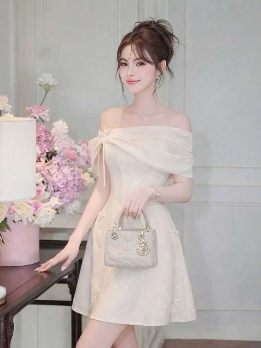 Photo 4 of Váy ren trễ vai kem nữ tính