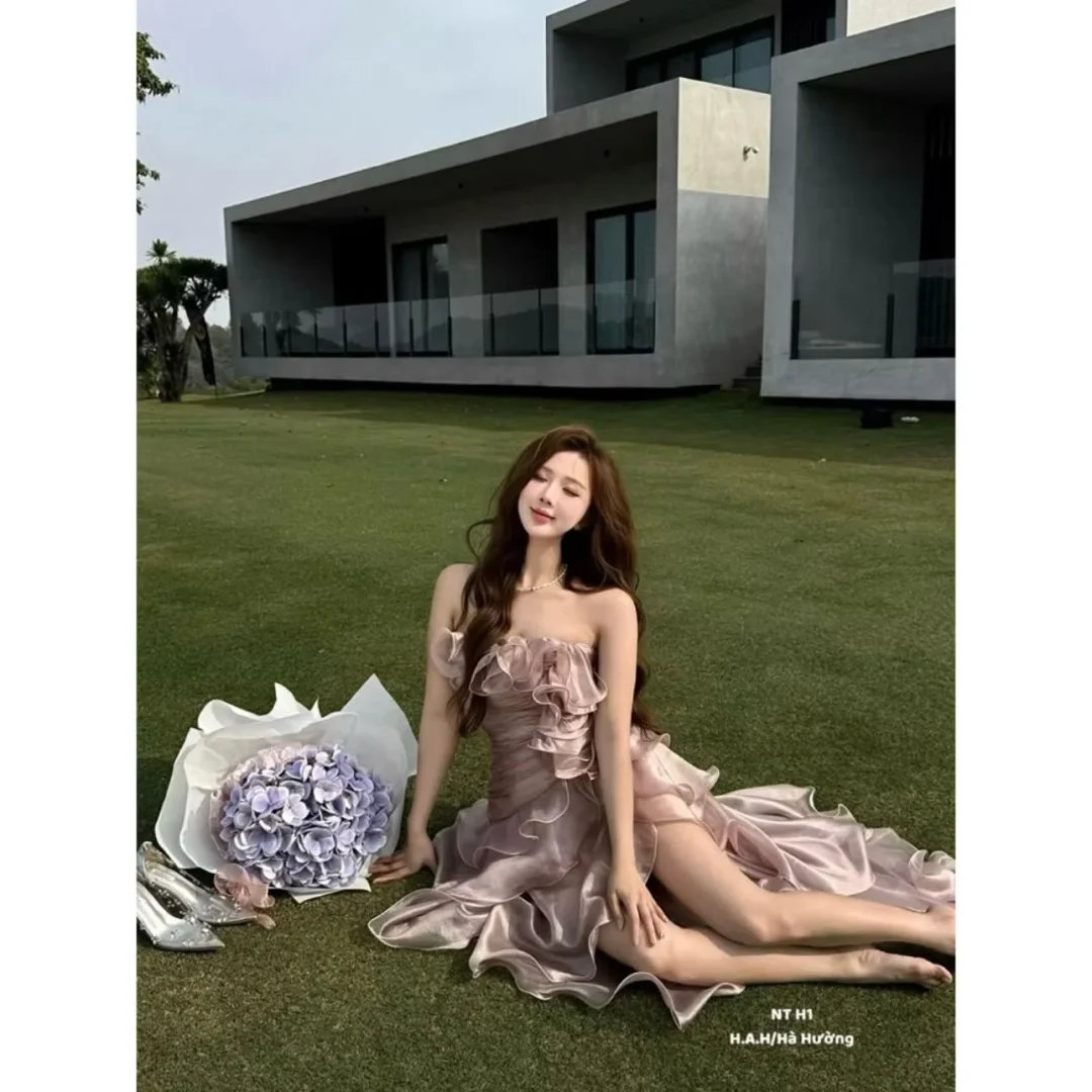 Ảnh 1 của Đầm lụa hồng nhạt bèo nhún dự tiệc nữ