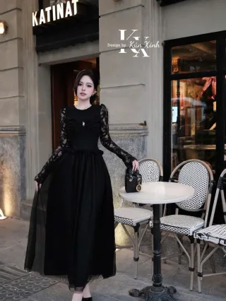 Ảnh 1 của Váy maxi đen tay ren size M