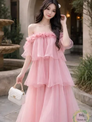 Photo 1 of Váy maxi voan hồng nhạt bèo nhún nữ