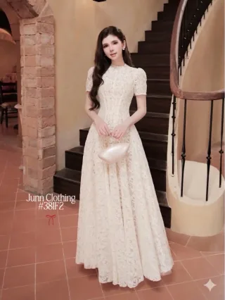 Photo 4 of Váy ren trắng vintage nữ cổ cao tay ngắn