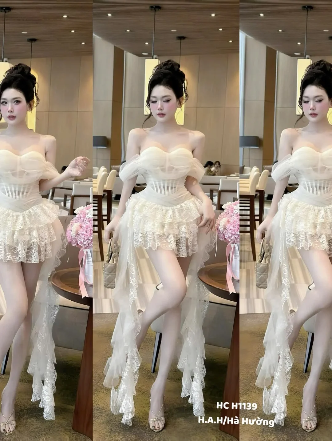 Photo 5 of Váy tiệc ngắn trắng kem nữ