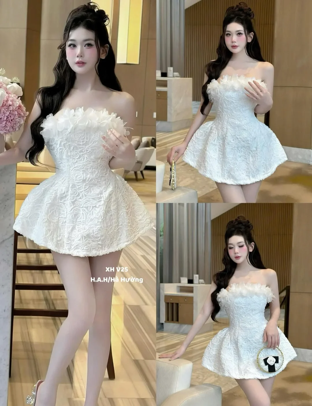 Ảnh 5 của Váy ngắn trắng strapless hoa nổi nữ