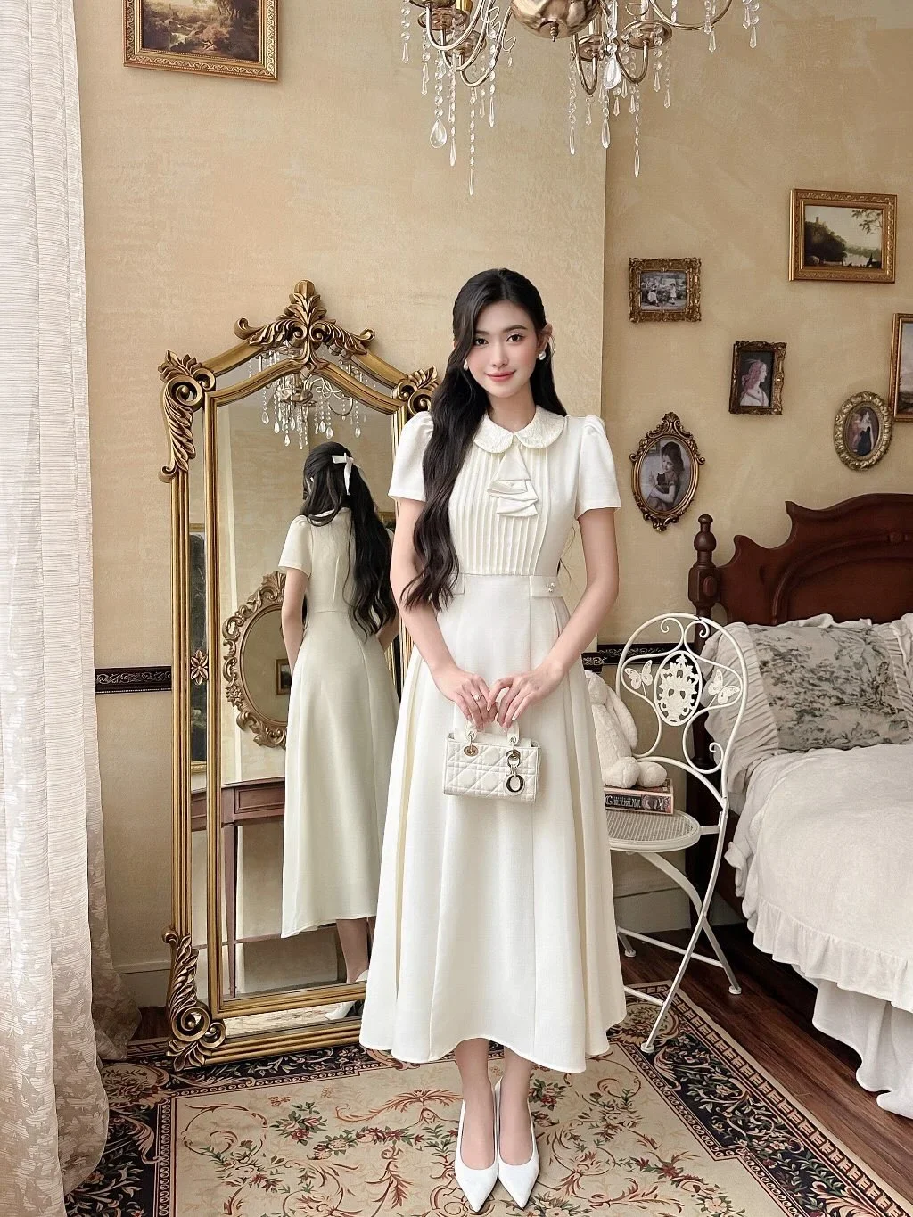 Ảnh 2 của Váy midi trắng cổ sen Elysnie