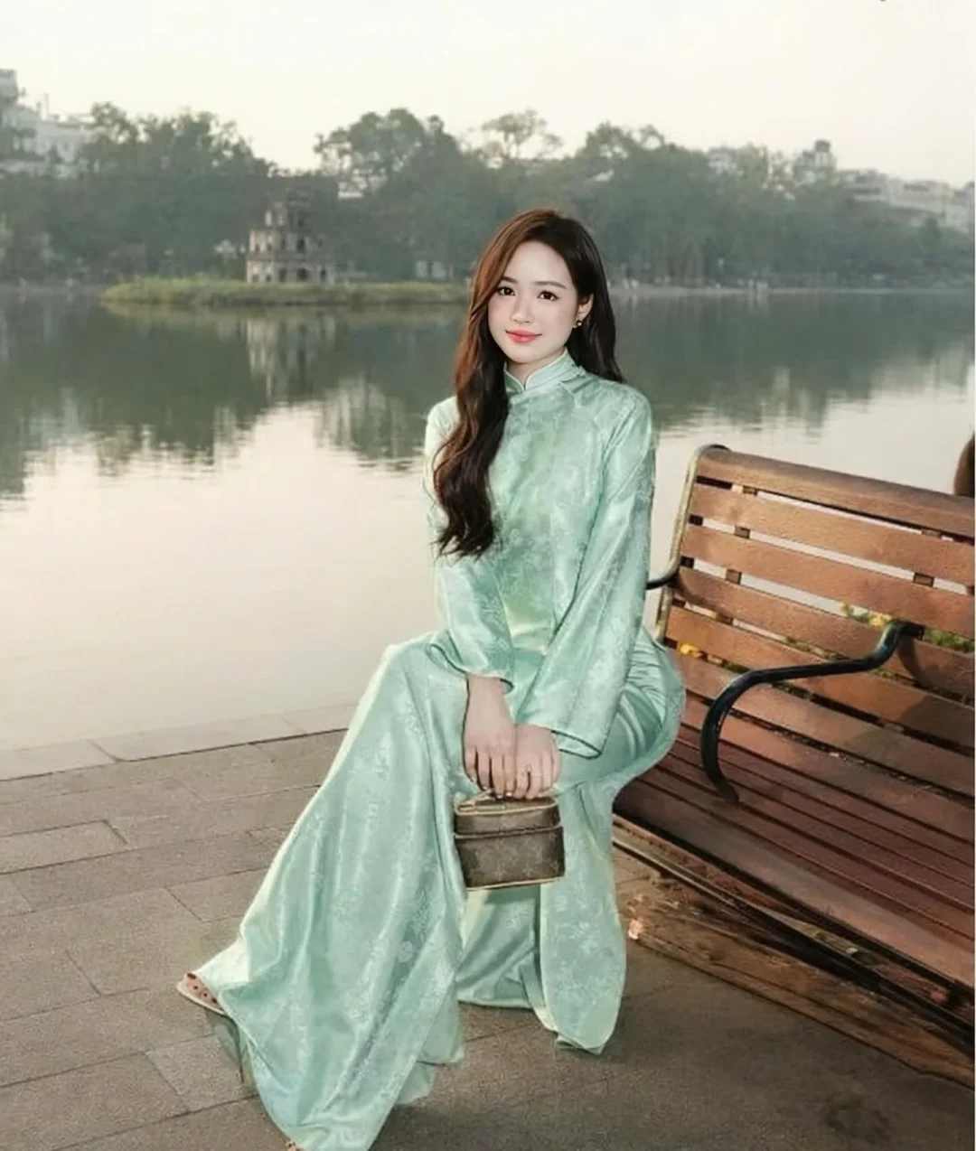 Photo 1 of Áo dài lụa xanh mint nữ truyền thống