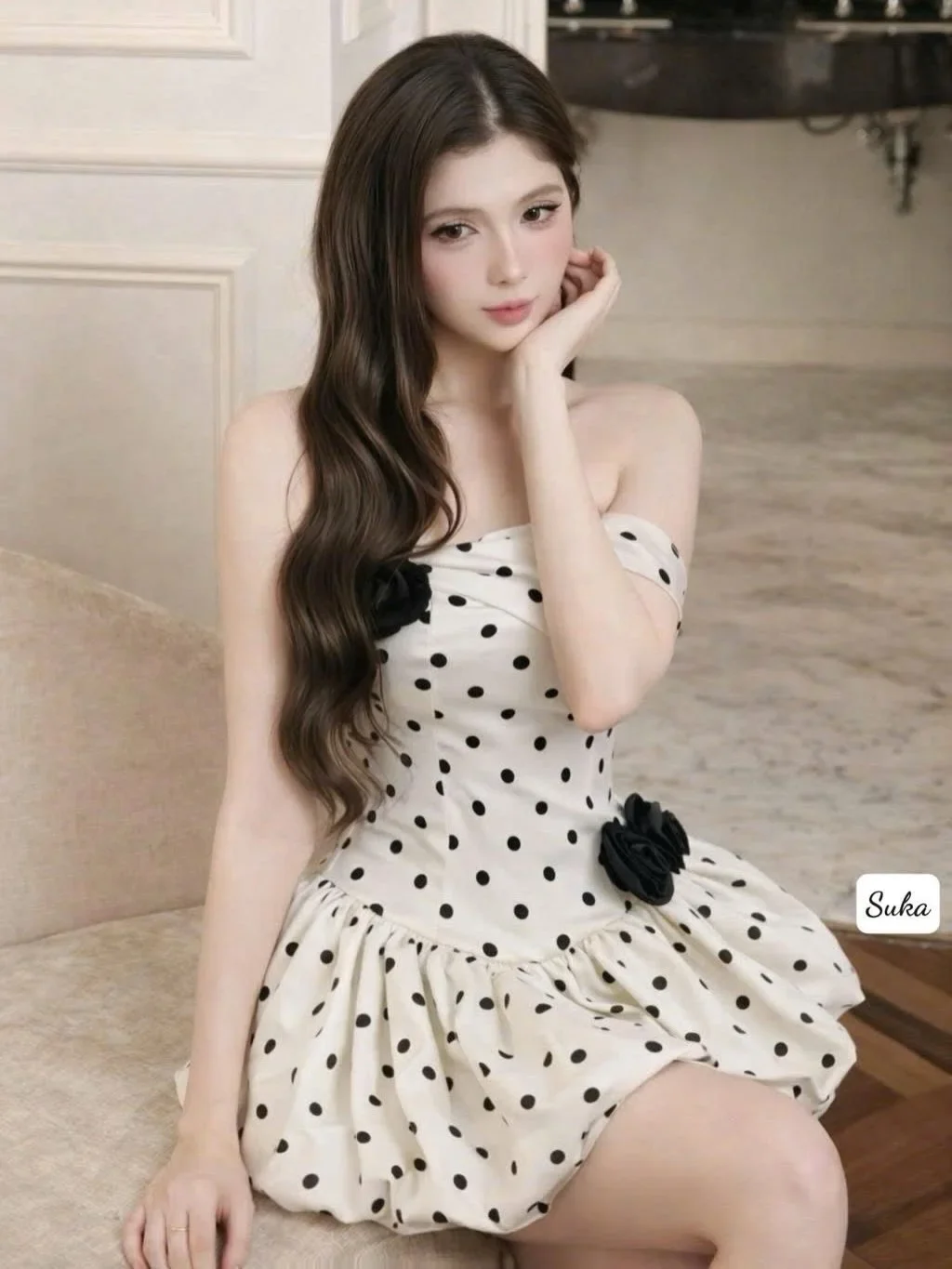 Photo 3 of Đầm trắng chấm bi strapless peplum nữ