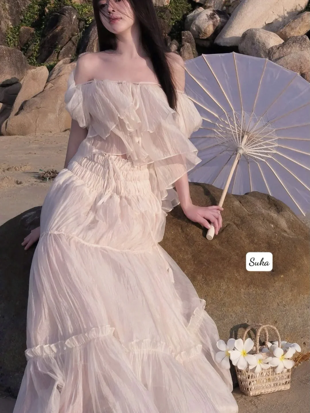 Photo 2 of Set áo váy voan bèo nhún trắng kem nữ size M