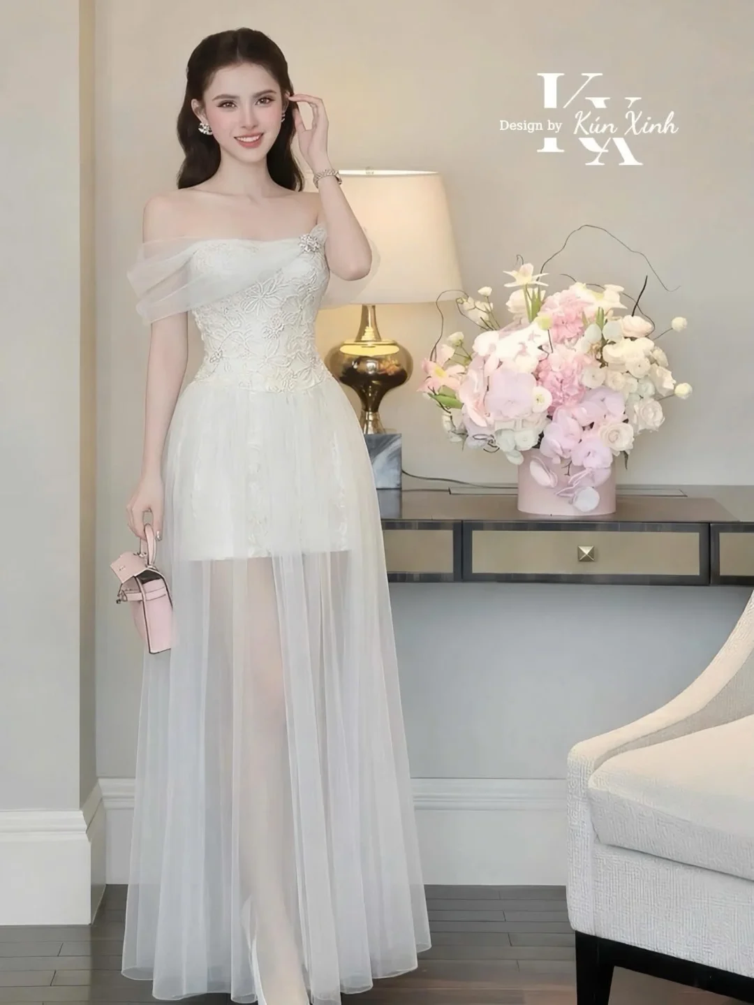 Photo 2 of Đầm dạ hội voan kem trễ vai nữ