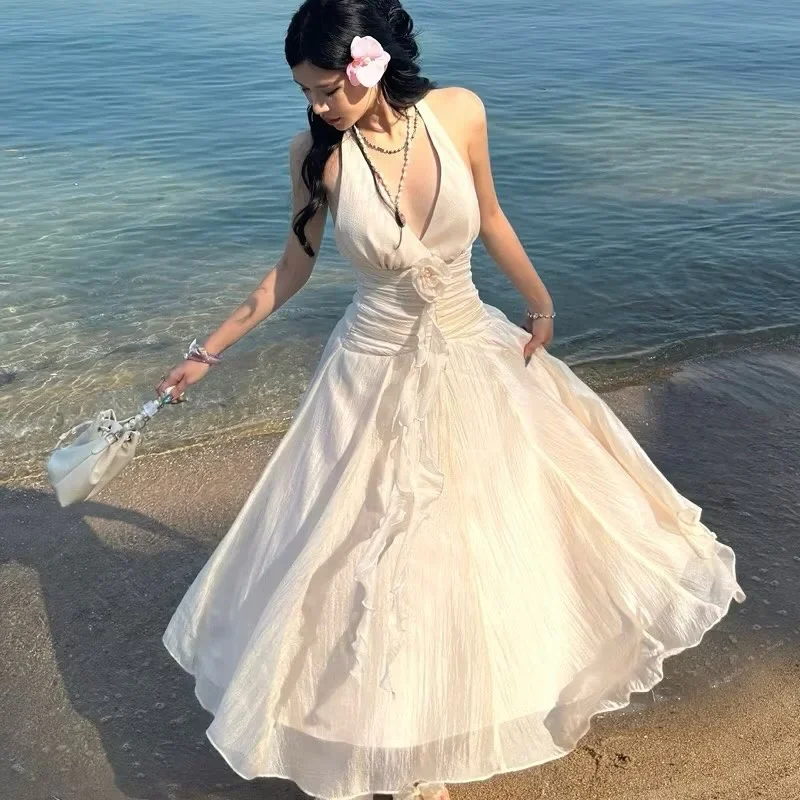 Ảnh 1 của Váy maxi cổ yếm kem Florus size S