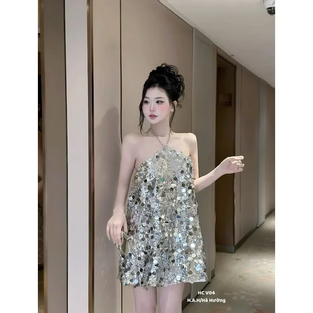 Ảnh 1 của Đầm sequin bạc ngắn nữ sang trọng