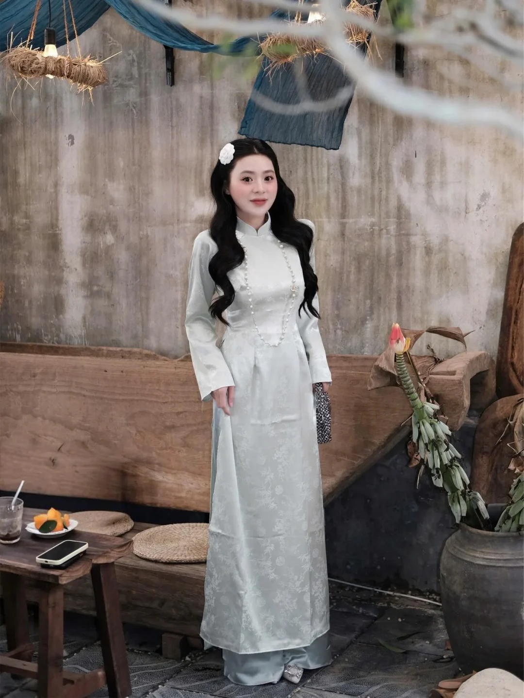Photo 1 of Áo dài lụa mint nữ truyền thống