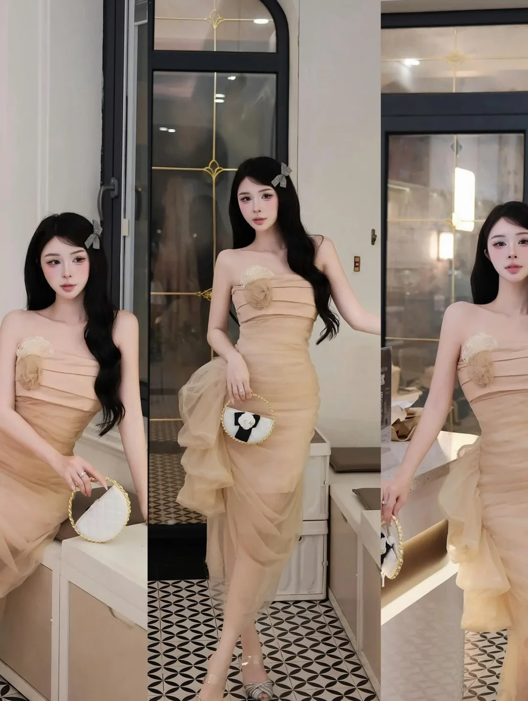 Photo 4 of Đầm cúp ngực tulle be nữ tính