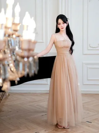 Ảnh 3 của Váy tiệc tulle dài màu nude nữ