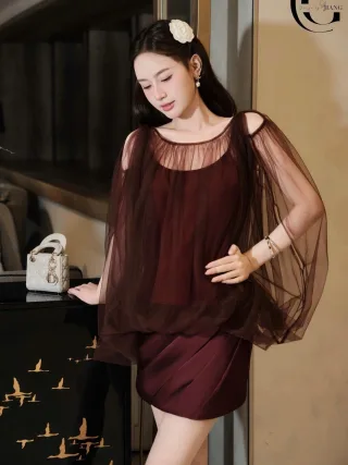 Ảnh 4 của Áo voan tay phồng nâu socola nữ size M