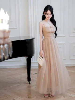 Ảnh 1 của Váy tiệc tulle dài màu nude nữ