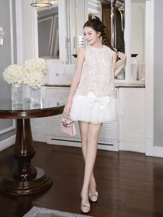 Ảnh 1 của Đầm ren hoa trắng tulle xòe nữ