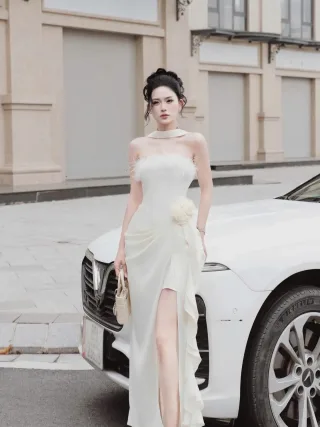 Photo 1 of Đầm trắng lông vũ dạ hội nữ