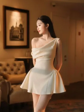 Ảnh 1 của Đầm ngắn lệch vai màu kem size M