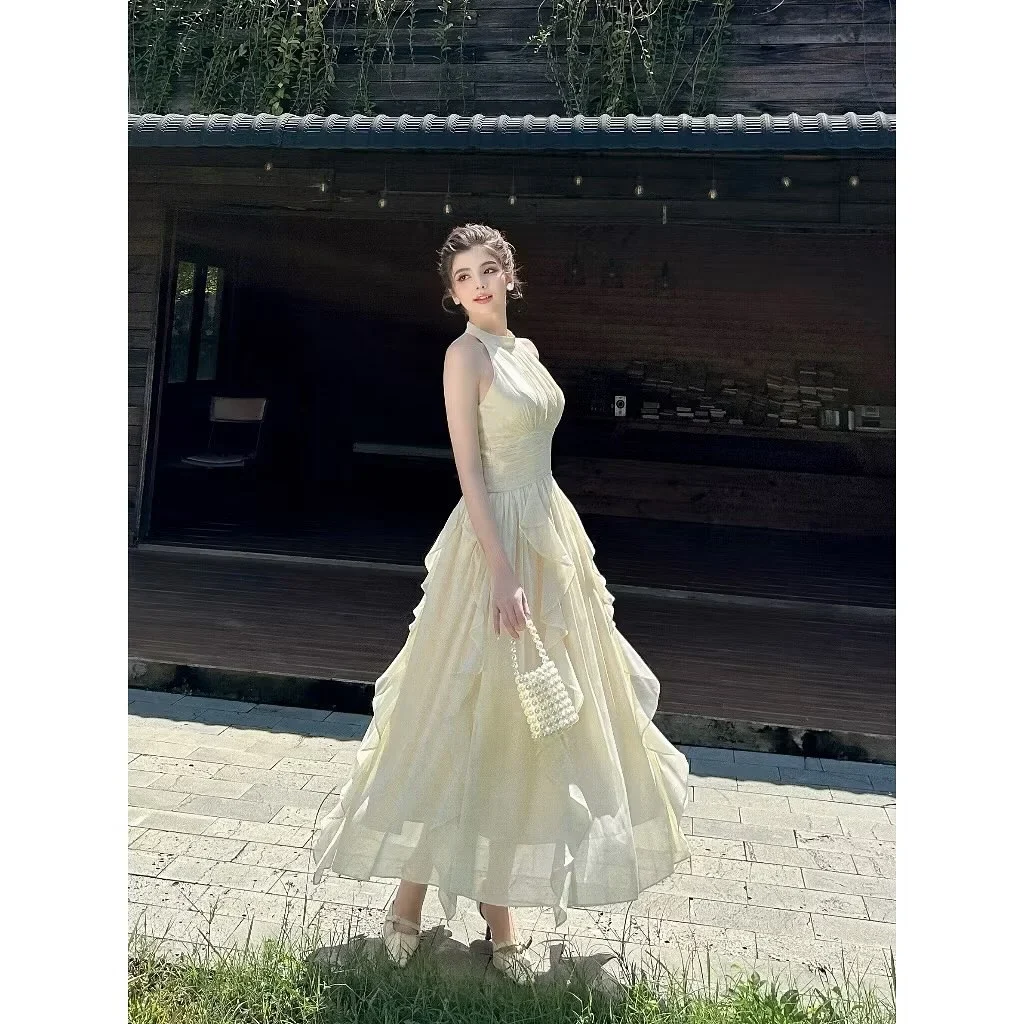Ảnh 1 của Váy maxi voan bèo vàng nhạt vintage nữ