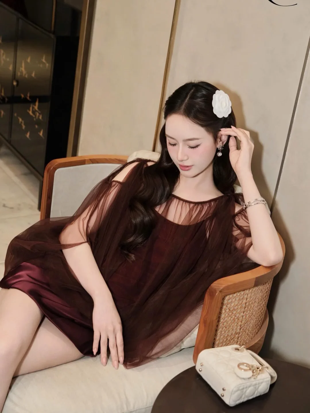 Ảnh 3 của Áo voan tay phồng nâu socola nữ size M