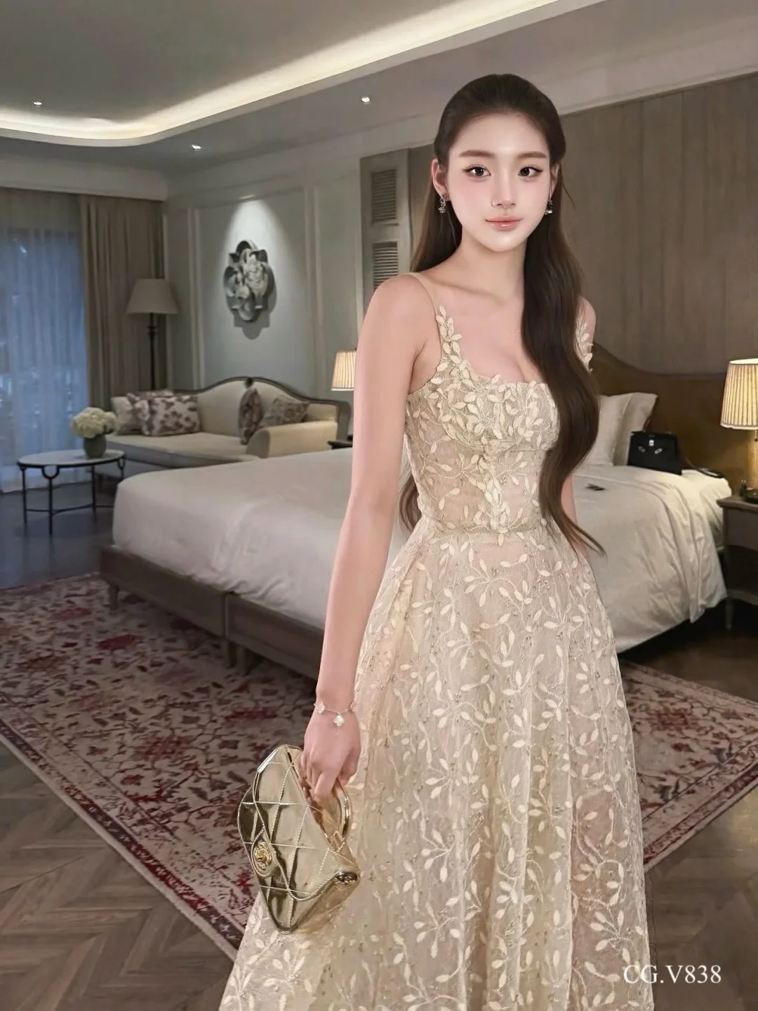 Photo 1 of Váy dạ hội ren thêu hoa màu kem