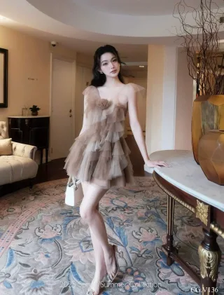 Photo 3 of Váy tulle xếp tầng mini be hở vai