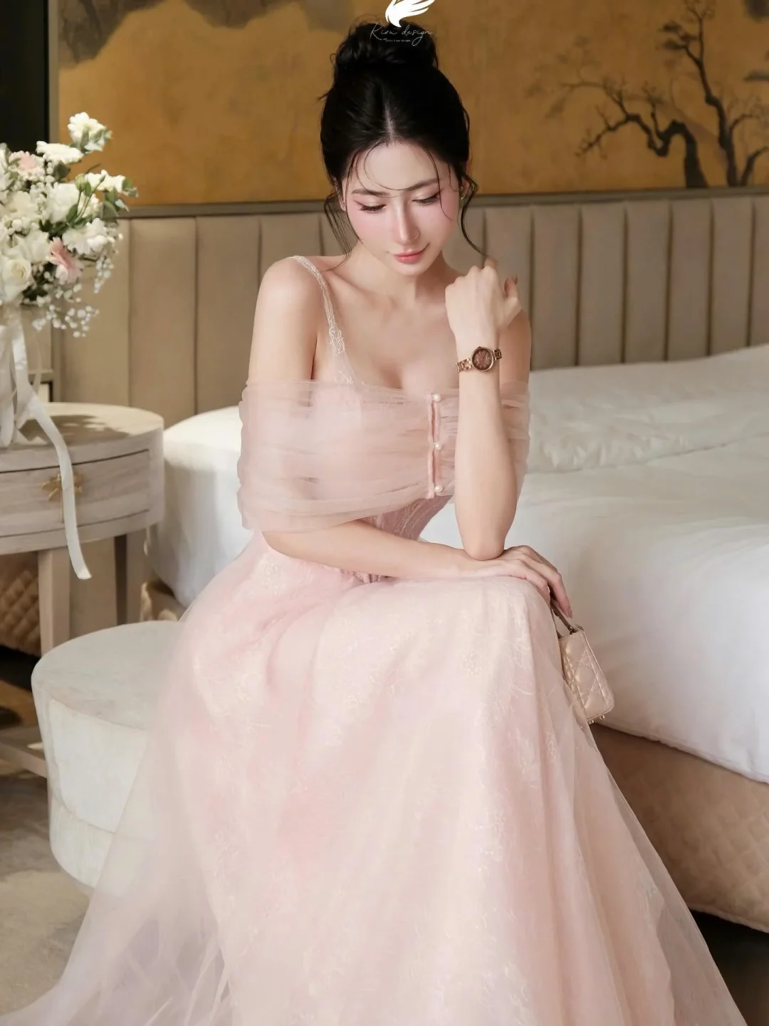 Photo 1 of Váy dạ hội hồng pastel trễ vai size M
