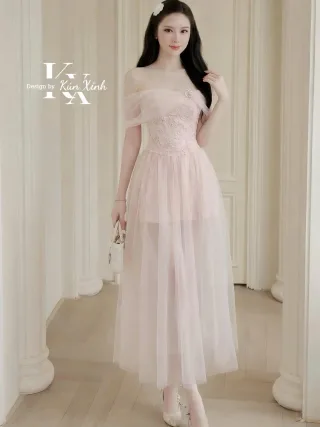 Ảnh 2 của Váy dạ hội voan hồng pastel nữ size M