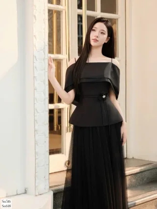Ảnh 3 của Váy đen trễ vai peplum nữ size L
