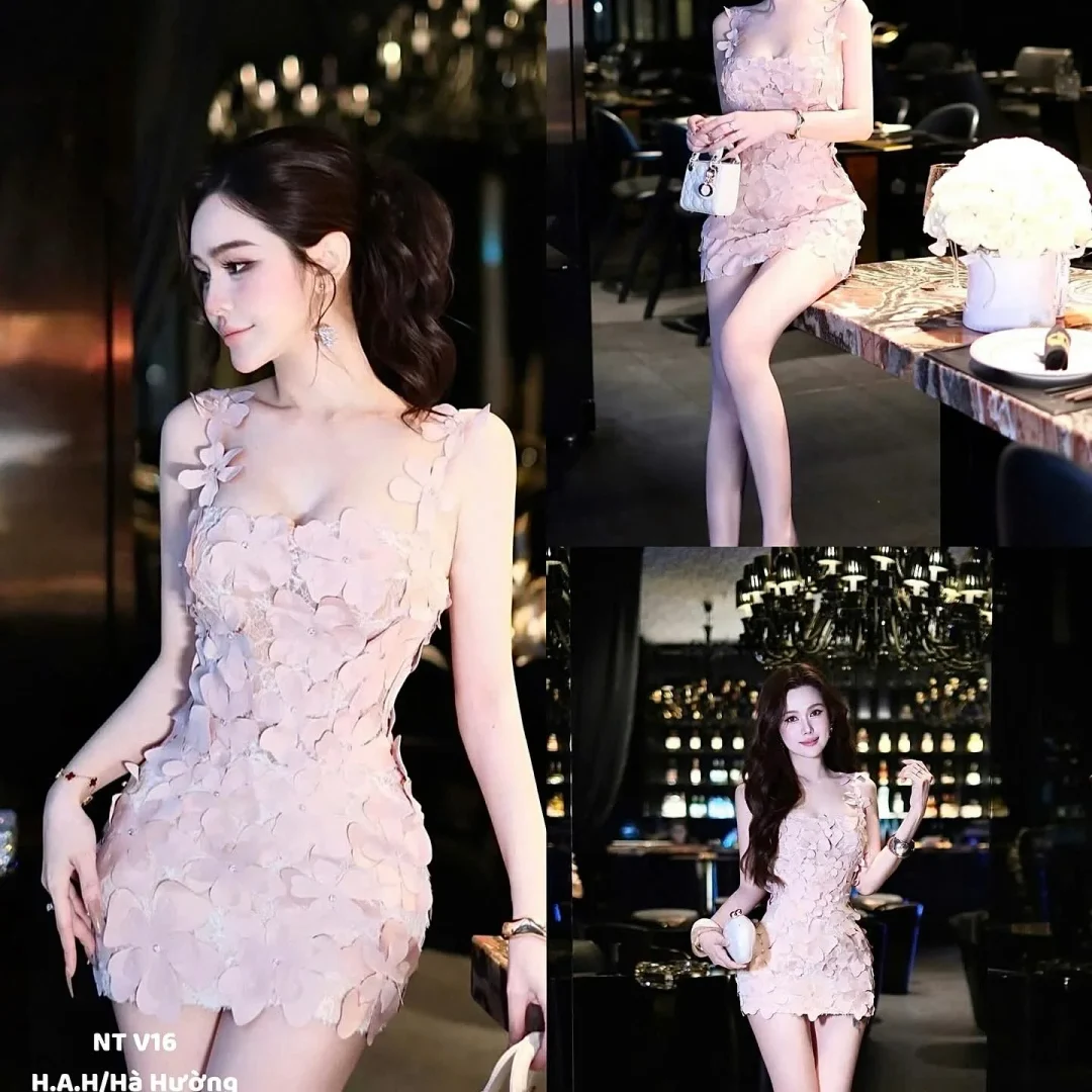 Photo 3 of Đầm mini hoa nổi hồng nhạt nữ