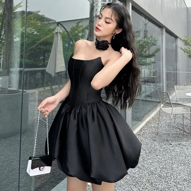 Ảnh 1 của Váy cúp ngực xòe đen satin Florus