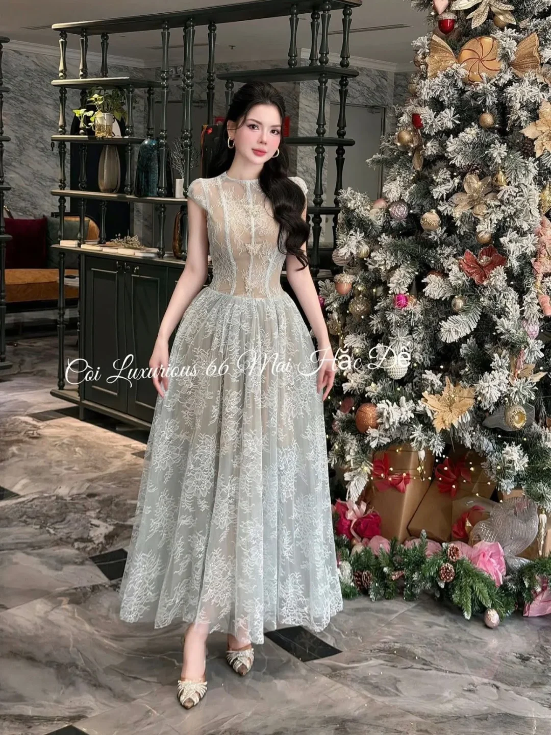 Ảnh 1 của Váy maxi ren xanh nhạt sang trọng nữ