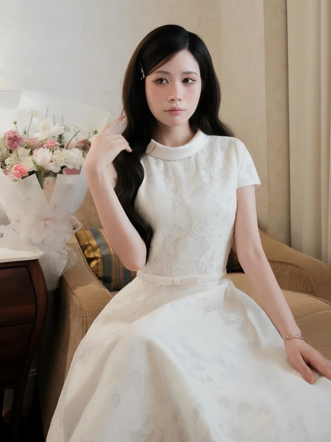 Ảnh 2 của Váy midi trắng ren hoa nữ thanh lịch