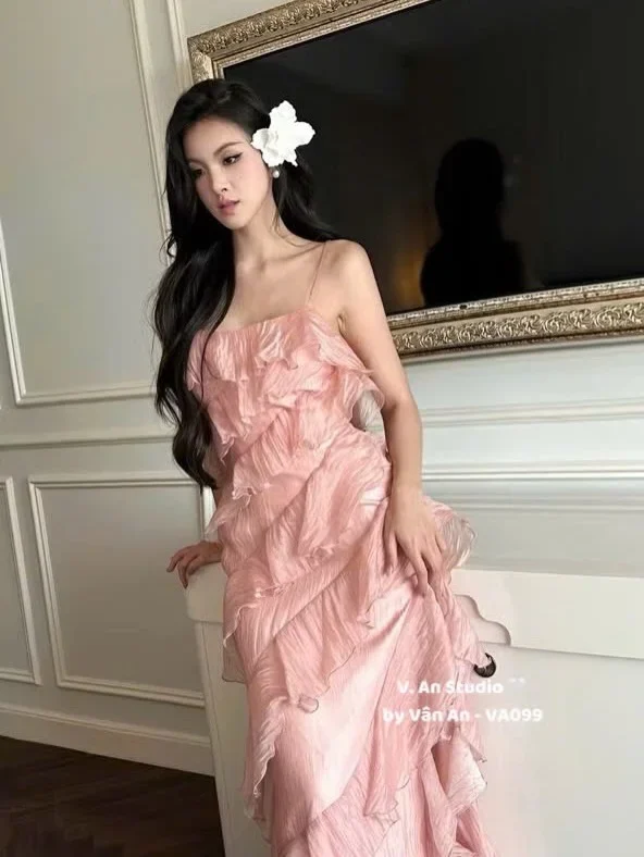 Ảnh 2 của Váy maxi hồng pastel xếp tầng size M