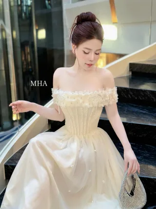 Photo 2 of Váy tiệc voan be trễ vai nữ