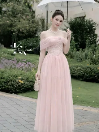 Ảnh 1 của Váy dạ hội voan hồng pastel nữ size M