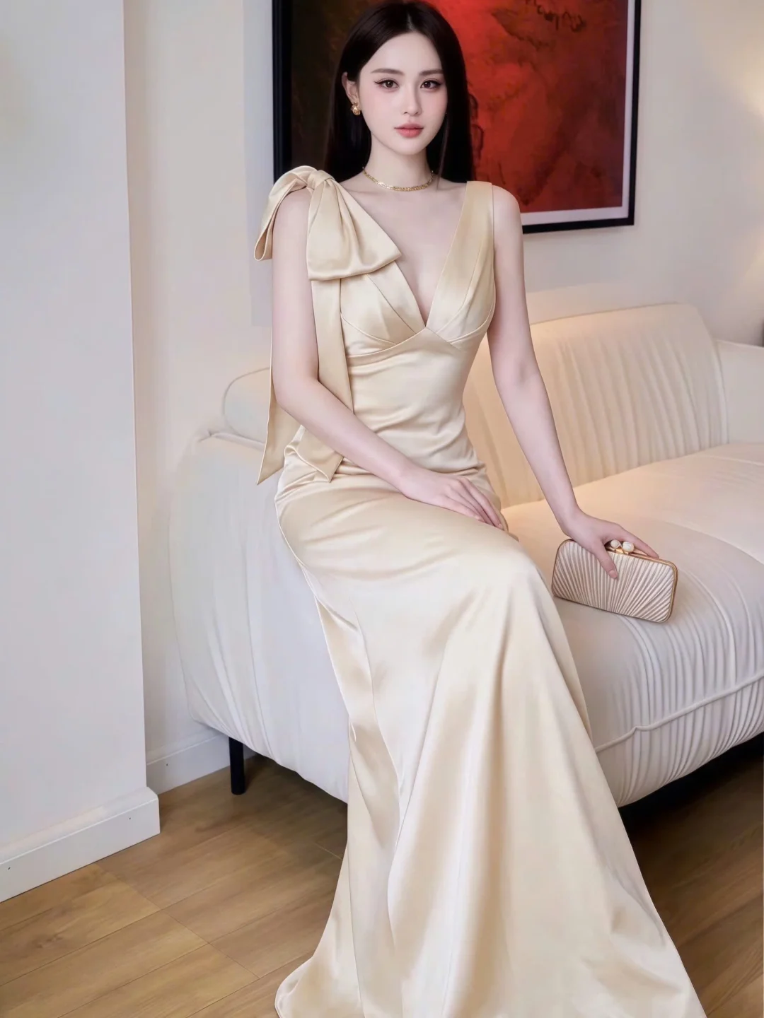 Ảnh 2 của Đầm dạ hội lụa vàng nhạt vai nơ