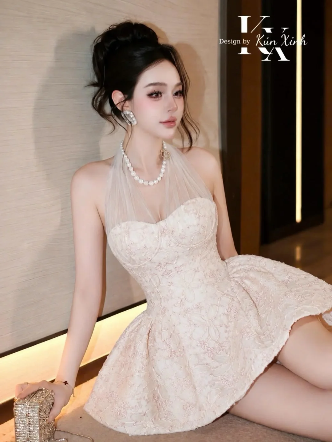 Photo 3 of Đầm corset ren kem ngắn dự tiệc