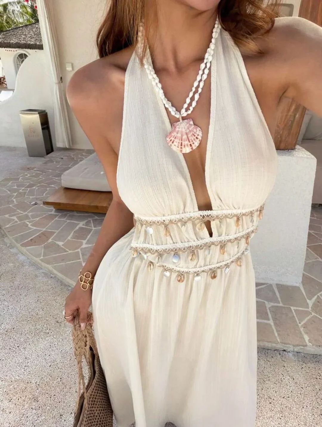 Photo 2 of Váy maxi trắng boho cổ yếm size M
