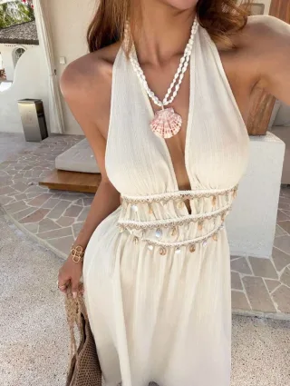 Photo 2 of Váy maxi trắng boho cổ yếm size M