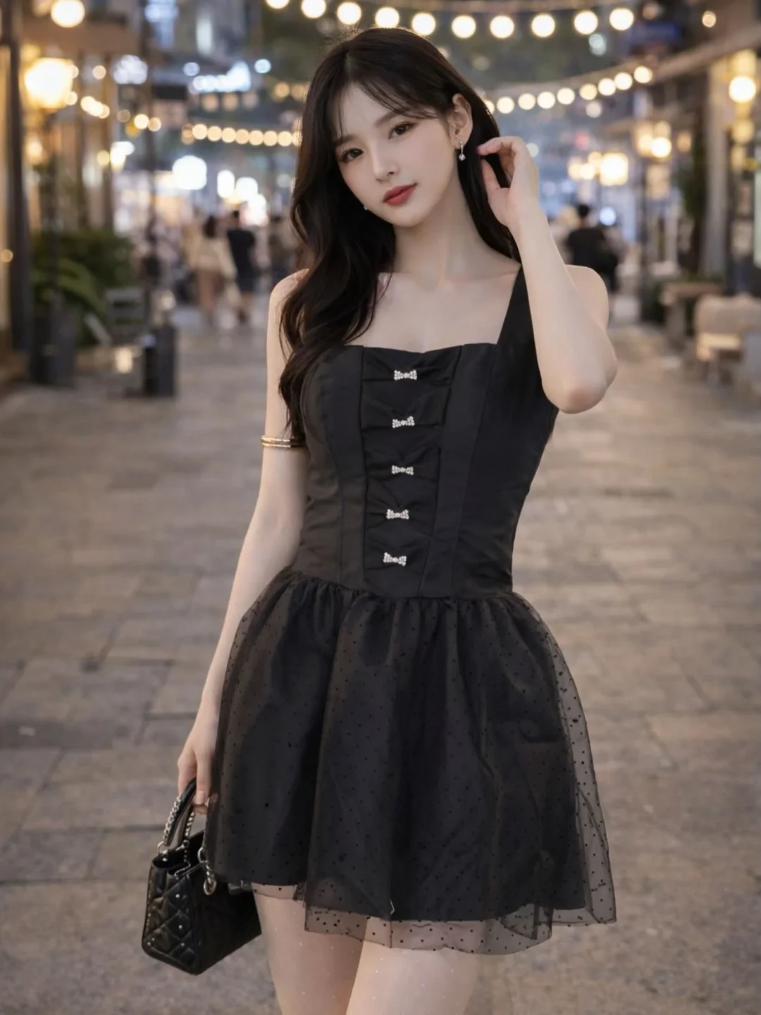 Photo 1 of Đầm corset đen chấm bi ngắn nữ