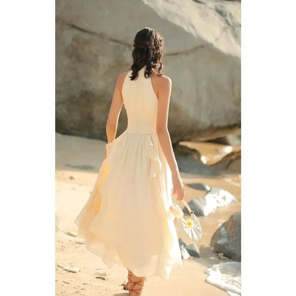 Ảnh 3 của Váy maxi voan bèo vàng nhạt vintage nữ
