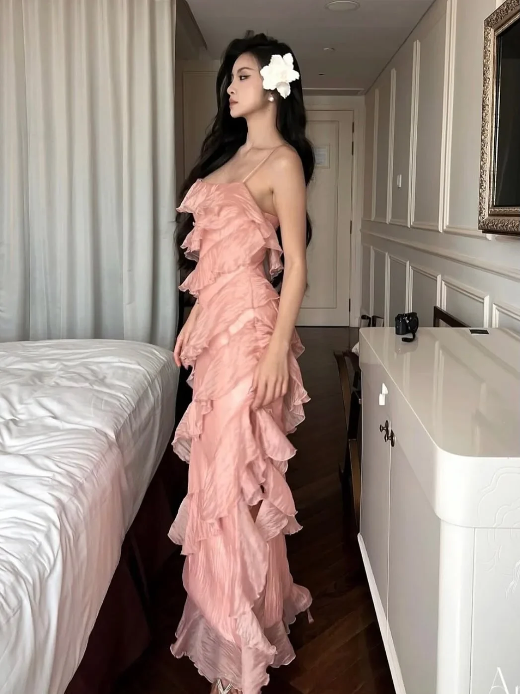 Photo 8 of Đầm maxi voan hồng nhún bèo Amelie
