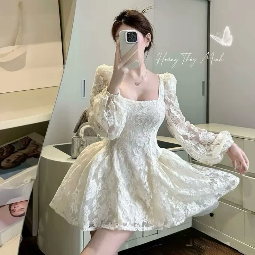 Ảnh 5 của Váy ren trắng tay phồng nữ