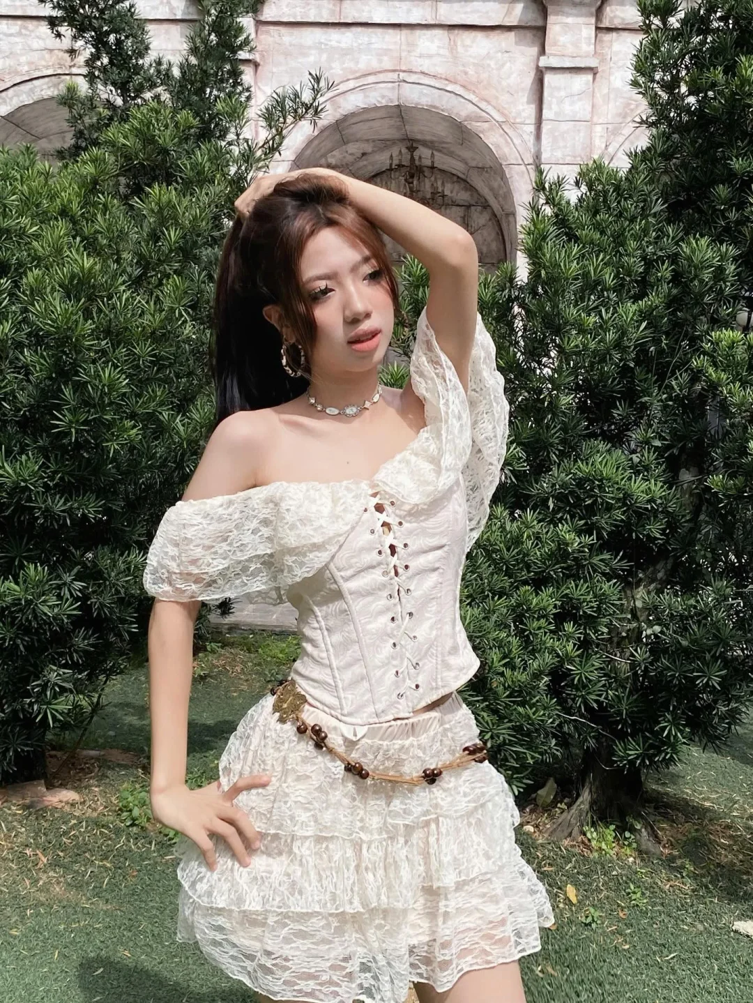 Ảnh 1 của Set váy ren trắng corset nữ