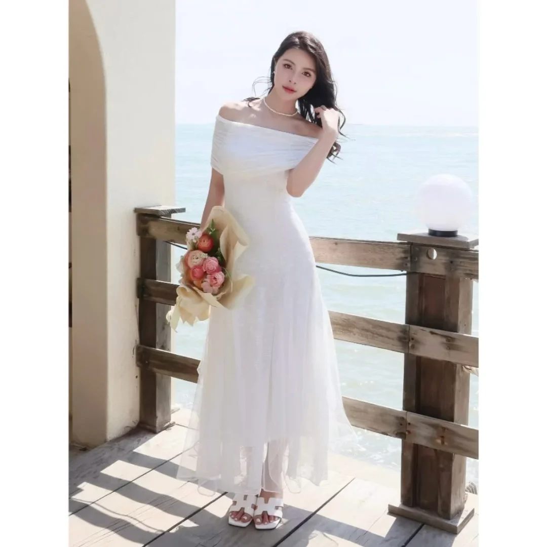 Ảnh 1 của Váy trắng trễ vai voan dáng suông nữ
