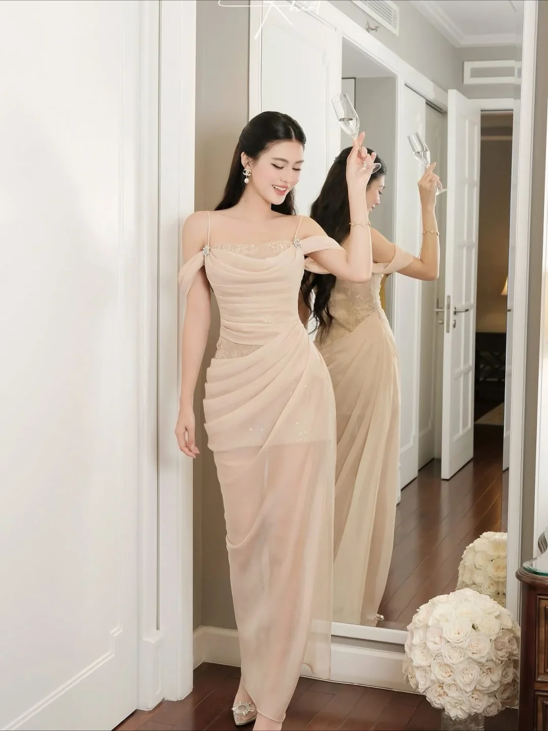 Ảnh 4 của Đầm be trễ vai ren KHIẾT size S