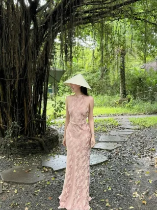 Photo 1 of Váy ren dài hồng pastel Dressesinsilk size S