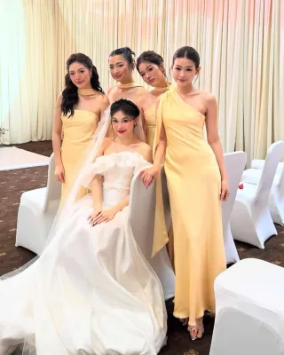 Ảnh 3 của Đầm lụa dài lệch vai vàng nhạt size S