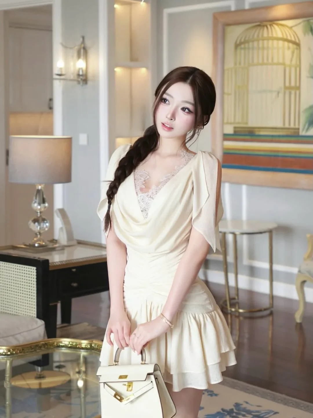 Photo 1 of Váy ngắn lụa kem thiết kế KHIẾT